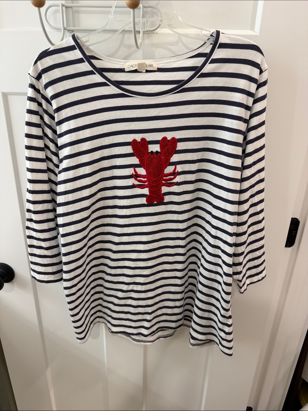 Cactus + Pearl Women’s Navy Stripe Top with Red Lobster Applique